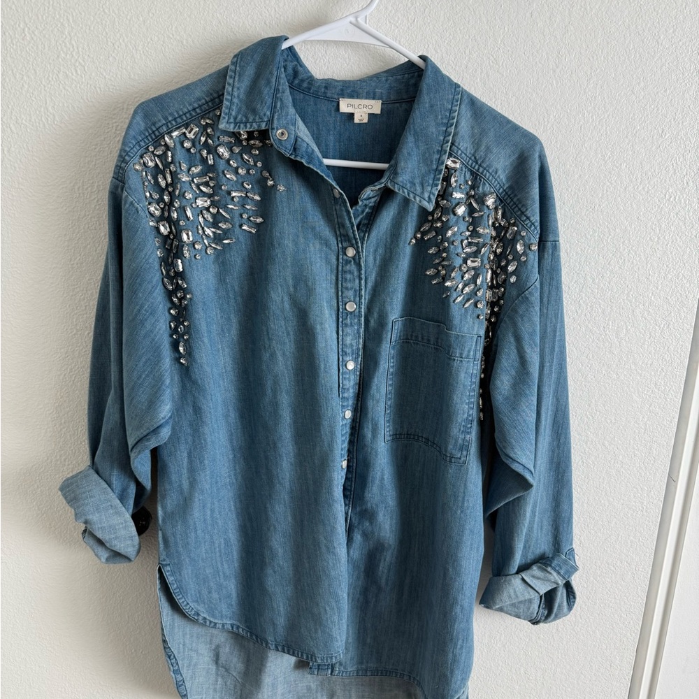 Pilcro Blue Denim Button Down Shirt with Silver Embellishments - Picture 2 of 6